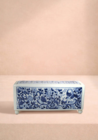 A rectangular porcelain delft tulipiere vase with blue and white floral and bird motifs and decorative lattice lid