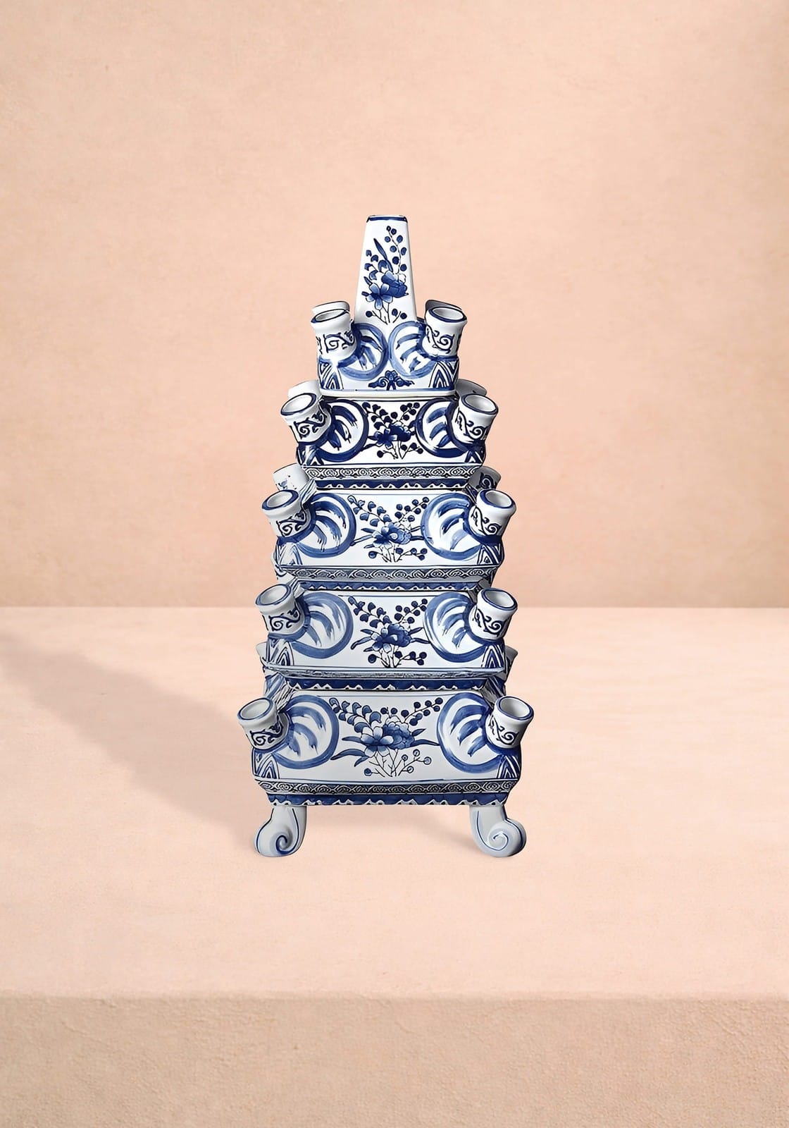 Delft tulipiere tall hand painted ceramic candelabra in blue and white with ornate floral patterns and decorative feet