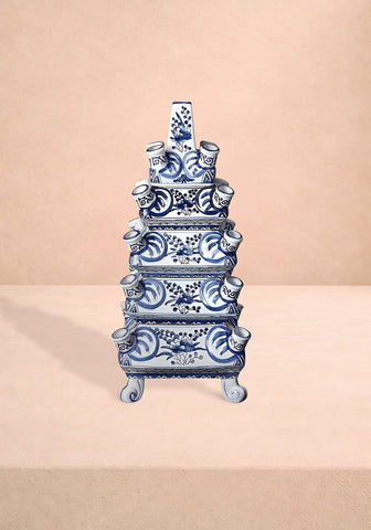 Delft tulipiere tall hand painted ceramic candelabra in blue and white with ornate floral patterns and decorative feet