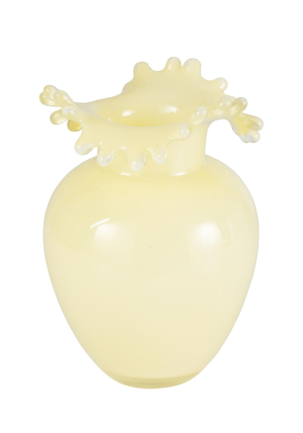 A translucent pale yellow glass vase with a rounded body and ornate splattered rim called delilah buttercream bloom vase