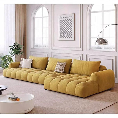 Mustard yellow tufted delilah violet two seater four seater sofa with plush cushions and modern modular design