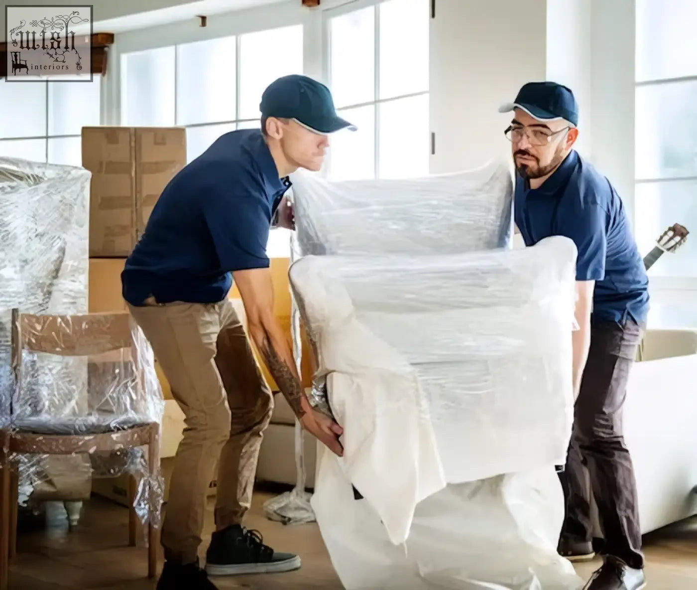 Two men in blue shirts carrying heavy furniture wrapped in white plastic for white glove delivery service