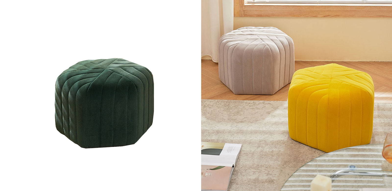 Dark green velvet della footstool hexagonal ottoman with quilted vertical stitching for cozy seating