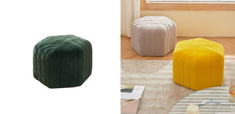 Dark green velvet della footstool hexagonal ottoman with quilted vertical stitching for cozy seating
