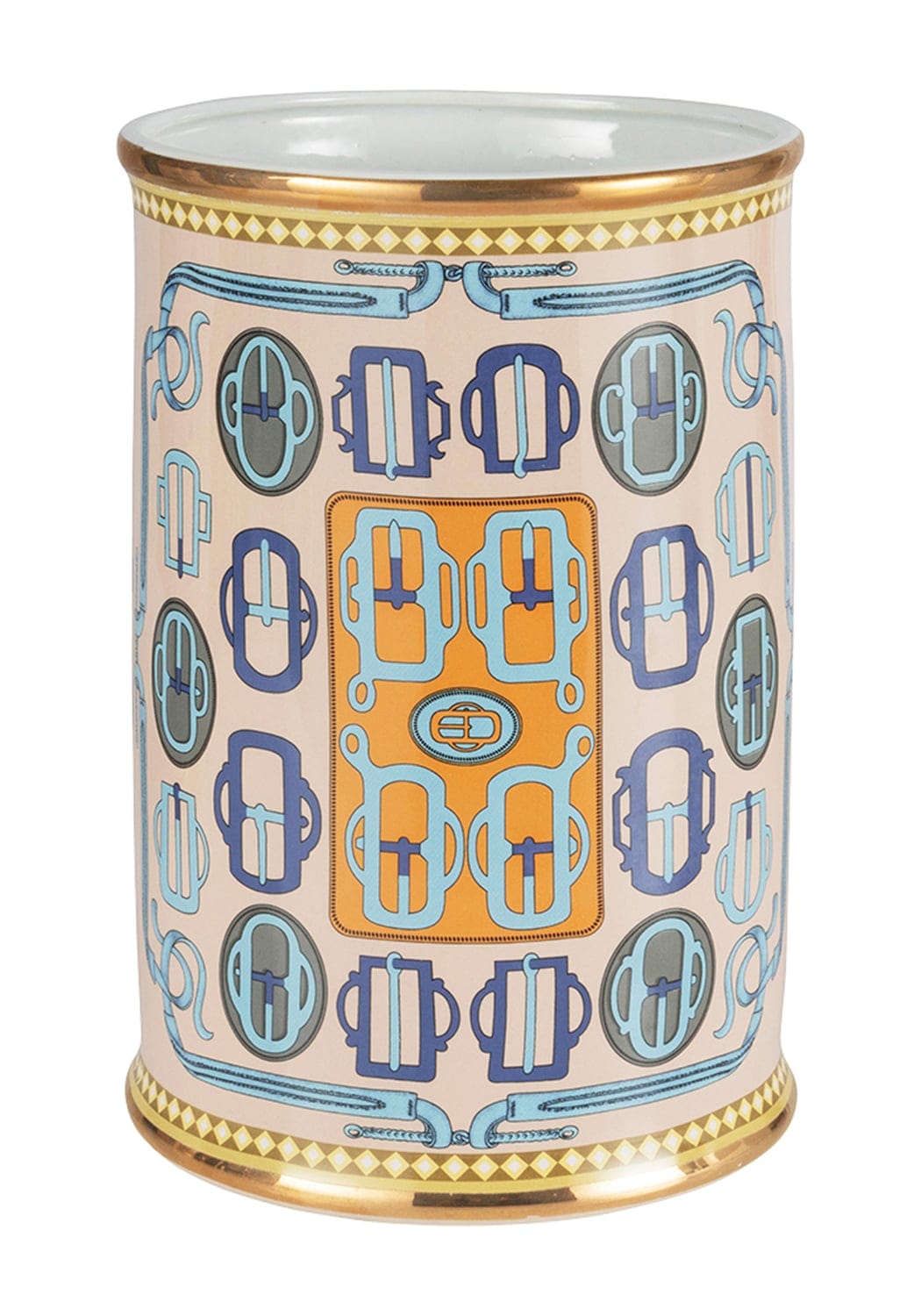 A pink ceramic wastebasket with gold trim and a blue gray and orange belt buckle pattern from della gilded galerie porcelain vessel