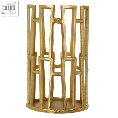 Gold-colored delphi aluminium candle holder with geometric pattern and textured finish for stylish decor