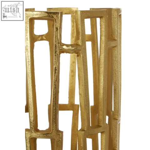 Golden metallic delphi aluminium candle holder with textured open lattice design perfect for stylish decor