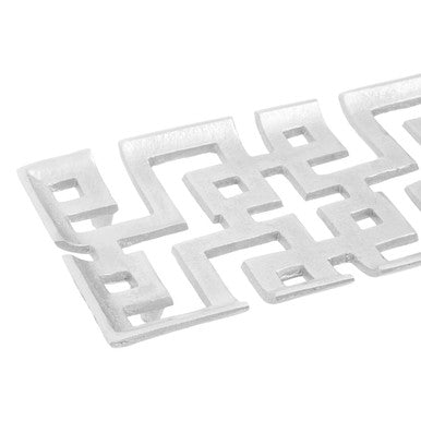 Silver finish dish with silver metallic geometric patterned decorative trim for stylish serving and decor