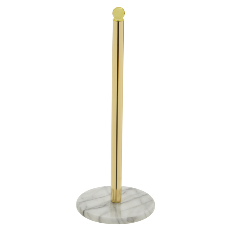 Delphine gold kitchen roll holder featuring a gold metal pole with polished marble base and rounded top for kitchen roll use