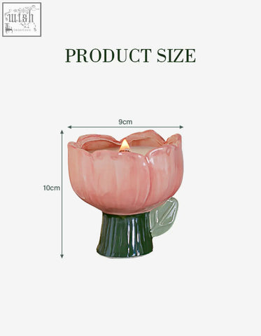 Pink ceramic flower-shaped delphine scented candle holder with green stem and leaf offers low shipping cost and financing