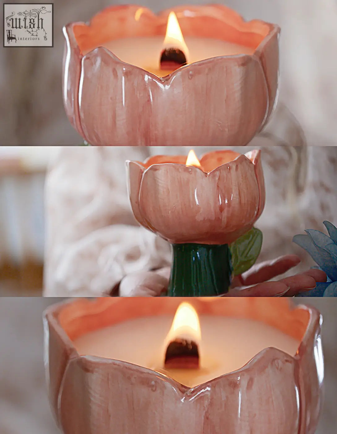 A delphine scented pink ceramic lotus candle holder with a lit tulip wax candle great for cozy vibes offer financing available