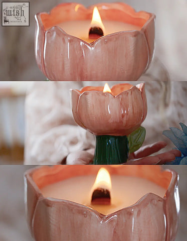 A delphine scented pink ceramic lotus candle holder with a lit tulip wax candle great for cozy vibes offer financing available