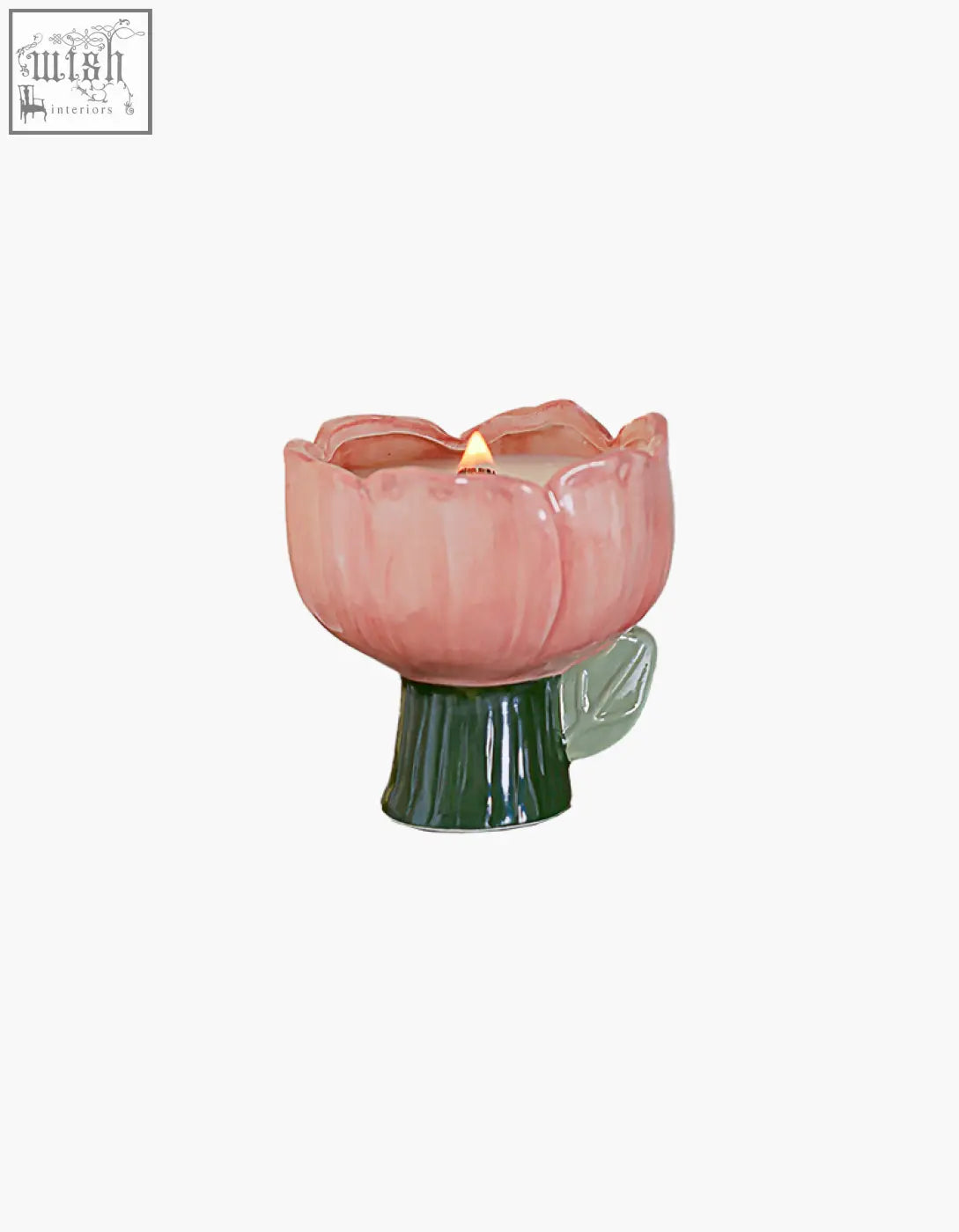 Pink ceramic tulip-shaped delphine scented candle holder with green stem and leaf accent shipping cost info available