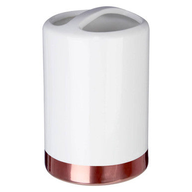 White ceramic delta stoneware toothbrush holder with rose gold base and dual slots for brushes