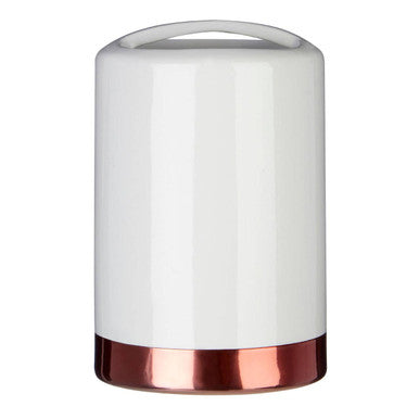 White ceramic toothbrush holder with rose gold metallic base and handle from delta stoneware collection