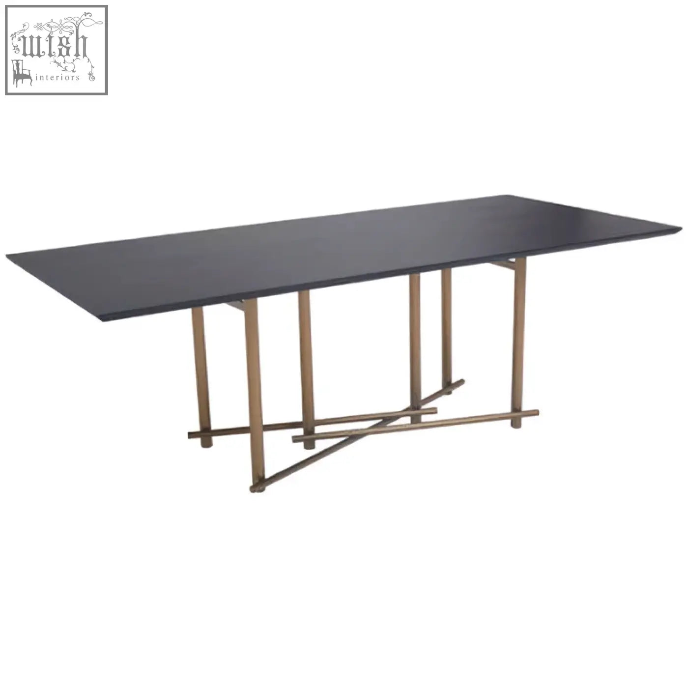 Modern rectangular dining table with sleek black walnut veneer top and slender brushed brass legs perfect for dining room