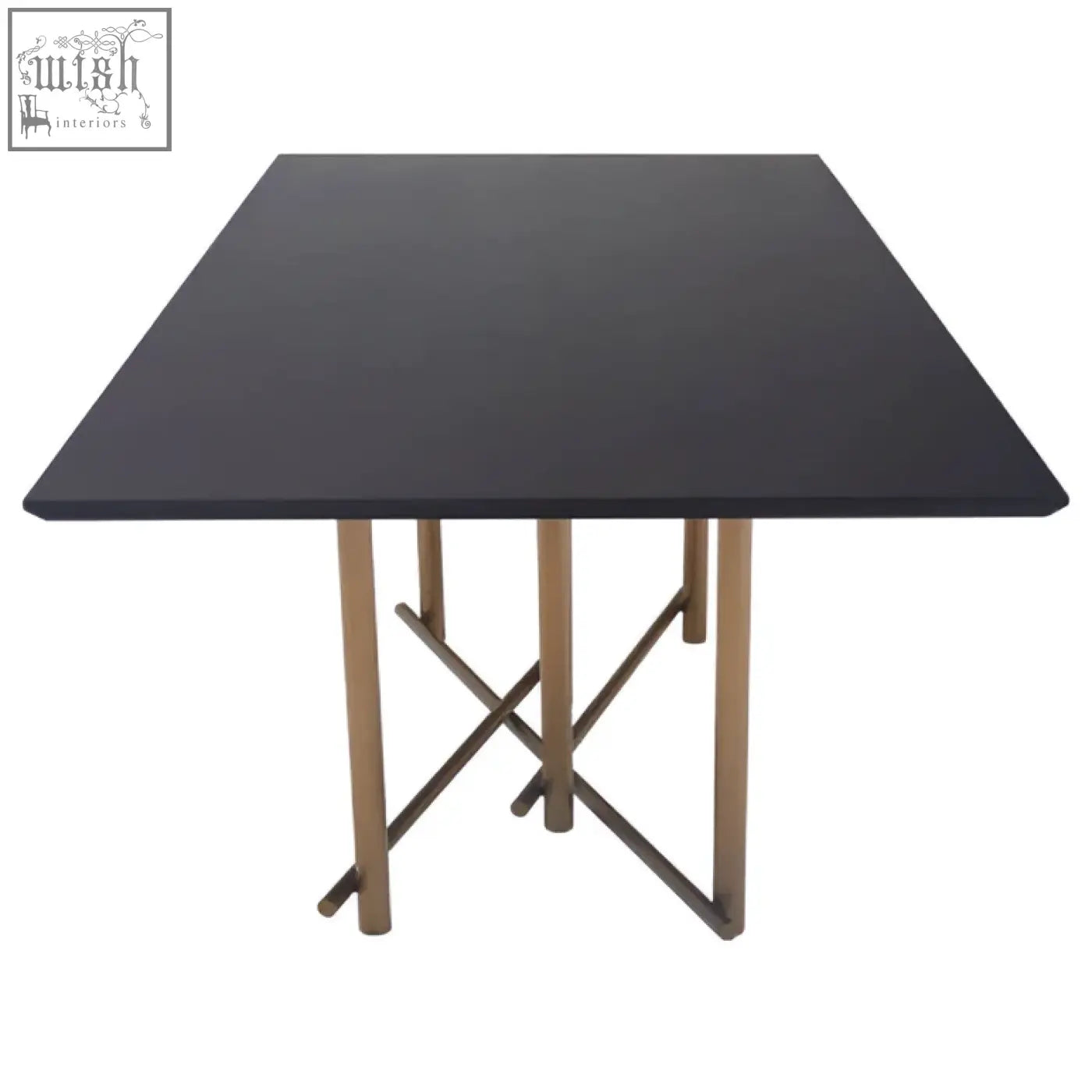 Black square delta walnut veneer dining table with gold brushed brass x-shaped cross legs perfect for dining room