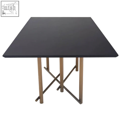 Black square delta walnut veneer dining table with gold brushed brass x-shaped cross legs perfect for dining room