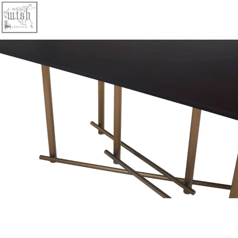 Black lacquered delta walnut veneer dining table with slender brass finished legs and intersecting crossbars