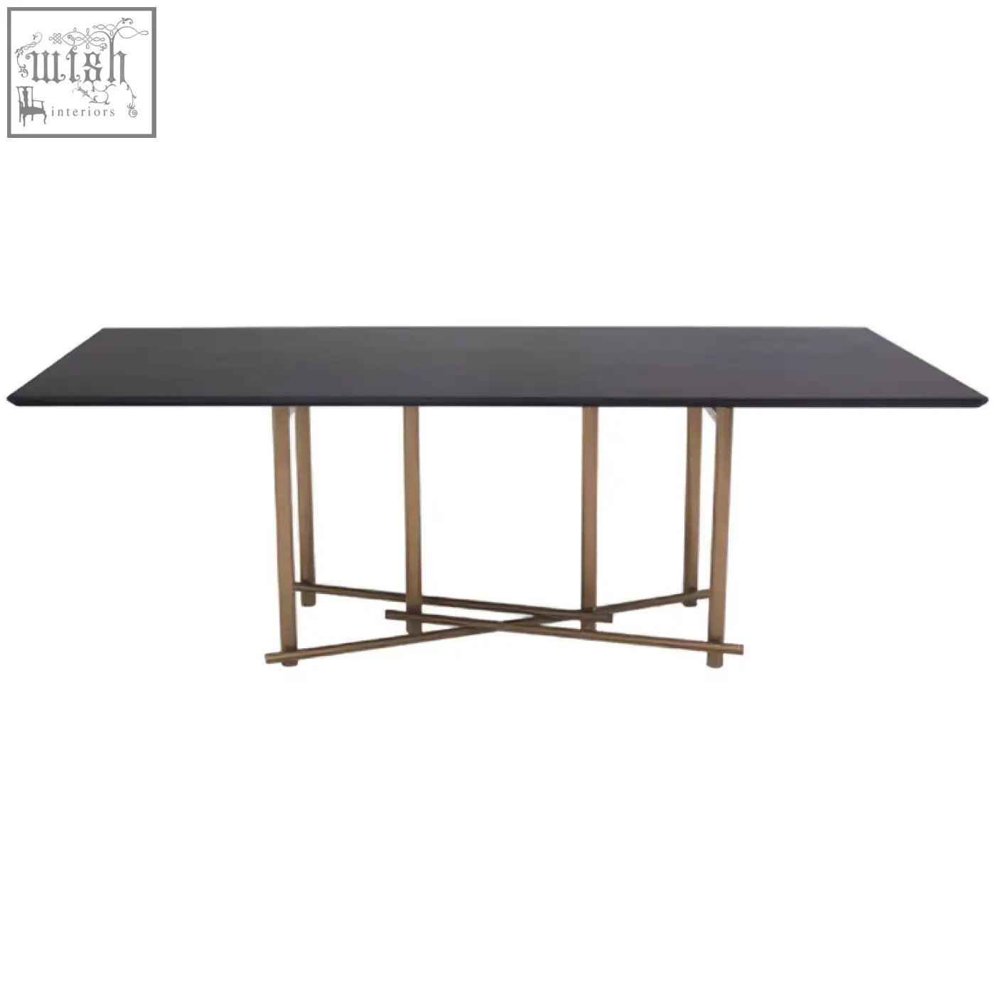 Black delta walnut veneer dining table with a sleek design and brushed brass x-pattern legs for modern dining space