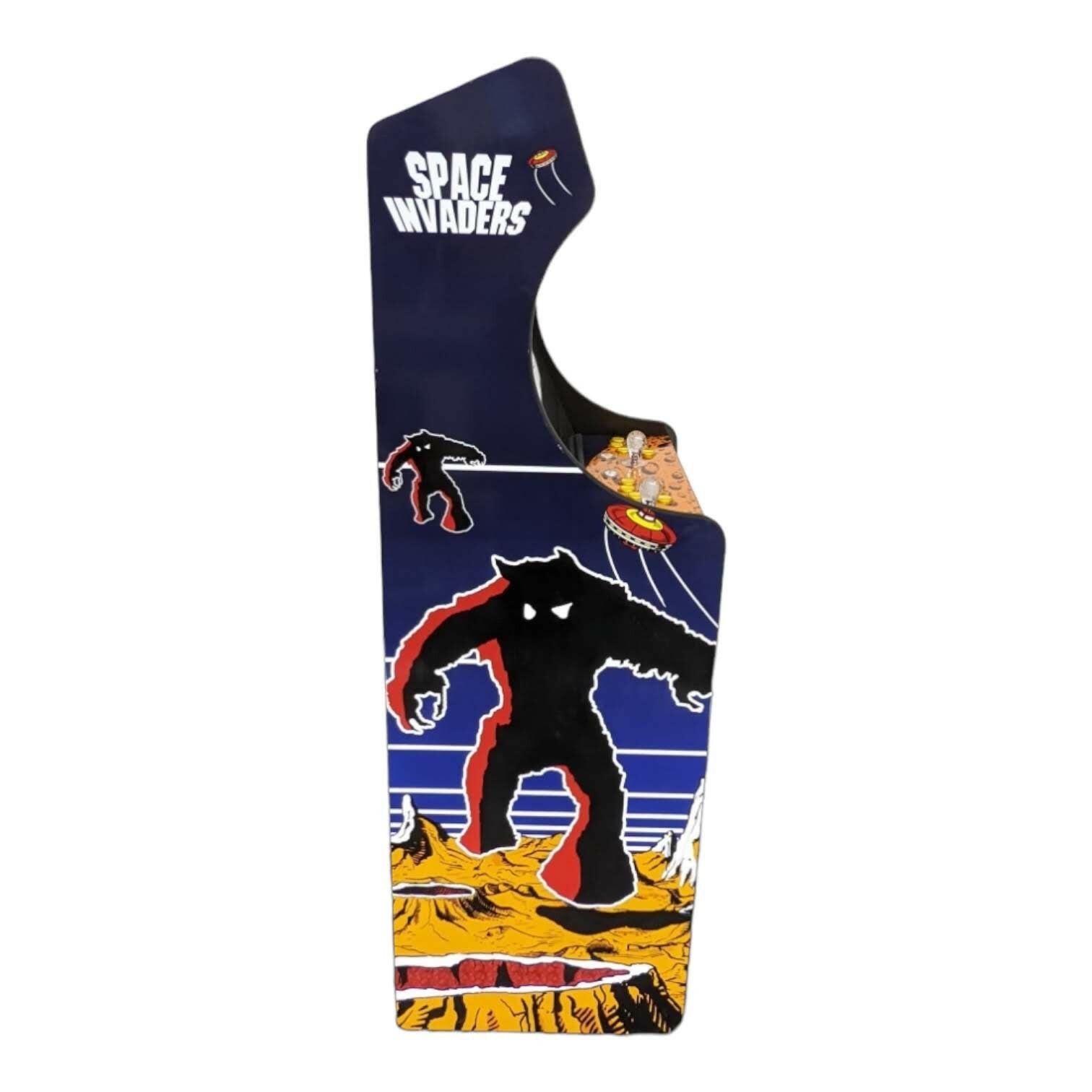 Navy blue deluxe 24 home edition space invaders arcade cabinet with black and red alien artwork and alpha max screen protection