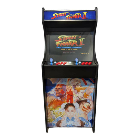 Black deluxe 24 home edition arcade cabinet with street fighter ii theme colorful artwork red blue joysticks and screen protection