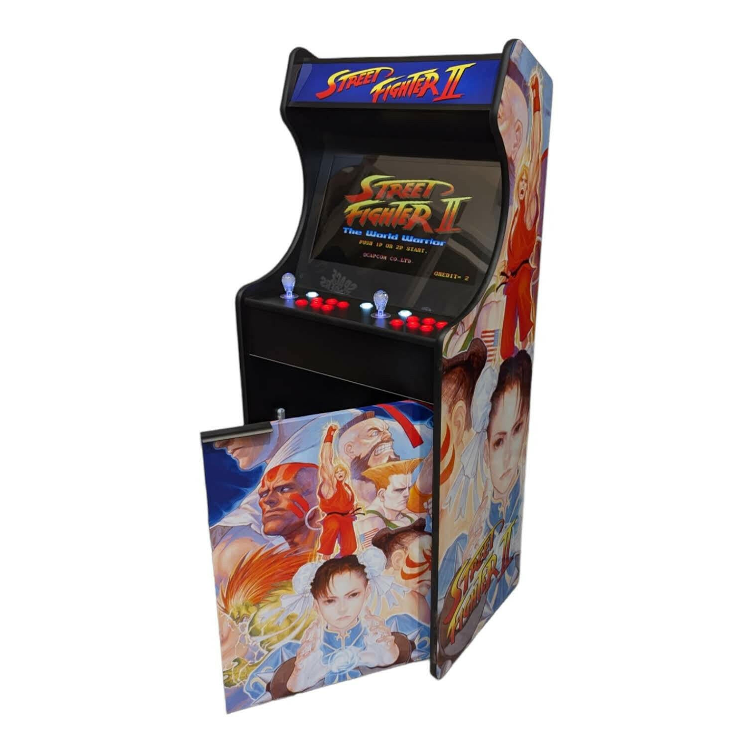 Black deluxe 24 home edition arcade cabinet with vibrant street fighter ii artwork and alpha max screen protection