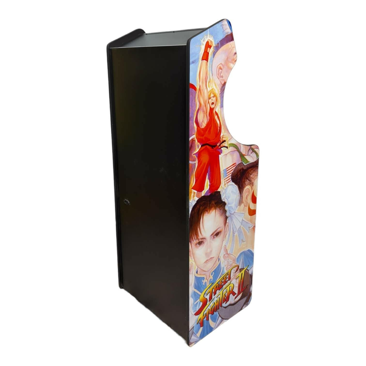 Black deluxe 24 home edition arcade cabinet with vibrant street fighter ii artwork featuring ryu and chun-li and screen protection by alpha max