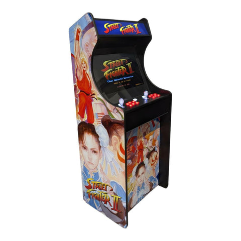 Black deluxe 24 home edition arcade cabinet with vibrant street fighter ii artwork and illuminated red buttons for alpha max screen protection