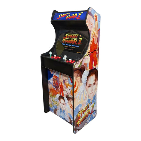 Black deluxe 24 home edition arcade cabinet with vibrant street fighter ii artwork and alpha max screen protection glossy finish