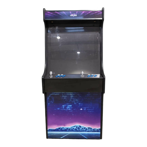 Black deluxe 27 arcade machine with vibrant purple blue pixel city theme and glowing neon alpha max accents on top panel