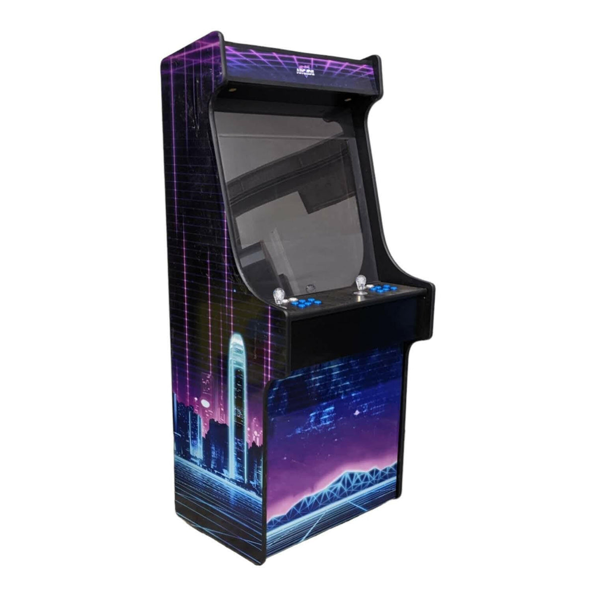 Deluxe 27 arcade machine alpha max with ninja style black frame and purple blue neon cityscape design on glass screen