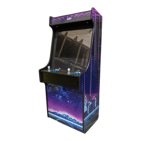 Deluxe 27 arcade machine with vibrant purple and blue neon pixel city design and classic alpha max joystick controls