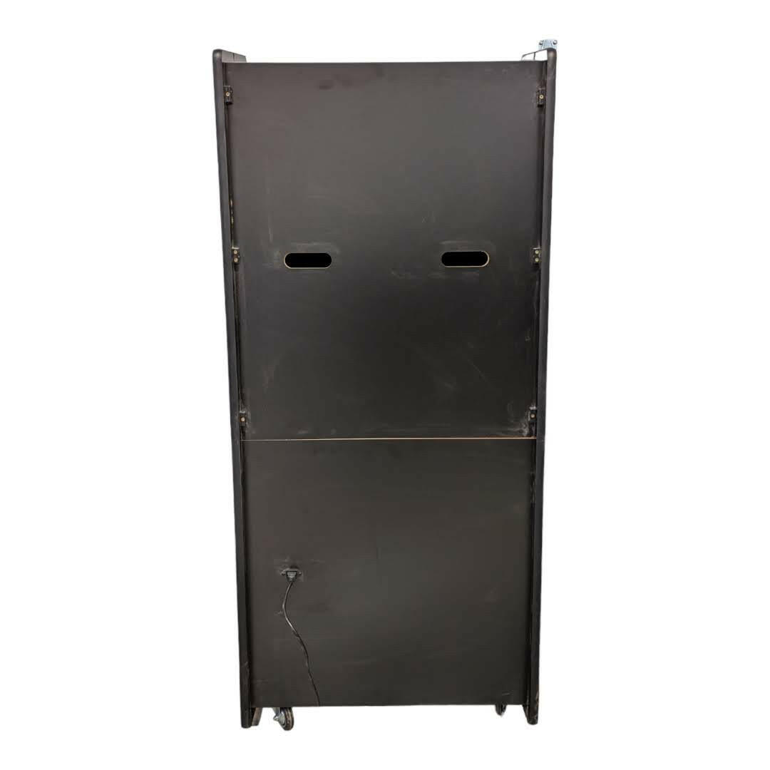 Black metal utility cart with two sliding doors and caster wheels for deluxe 27 arcade machine by alpha max