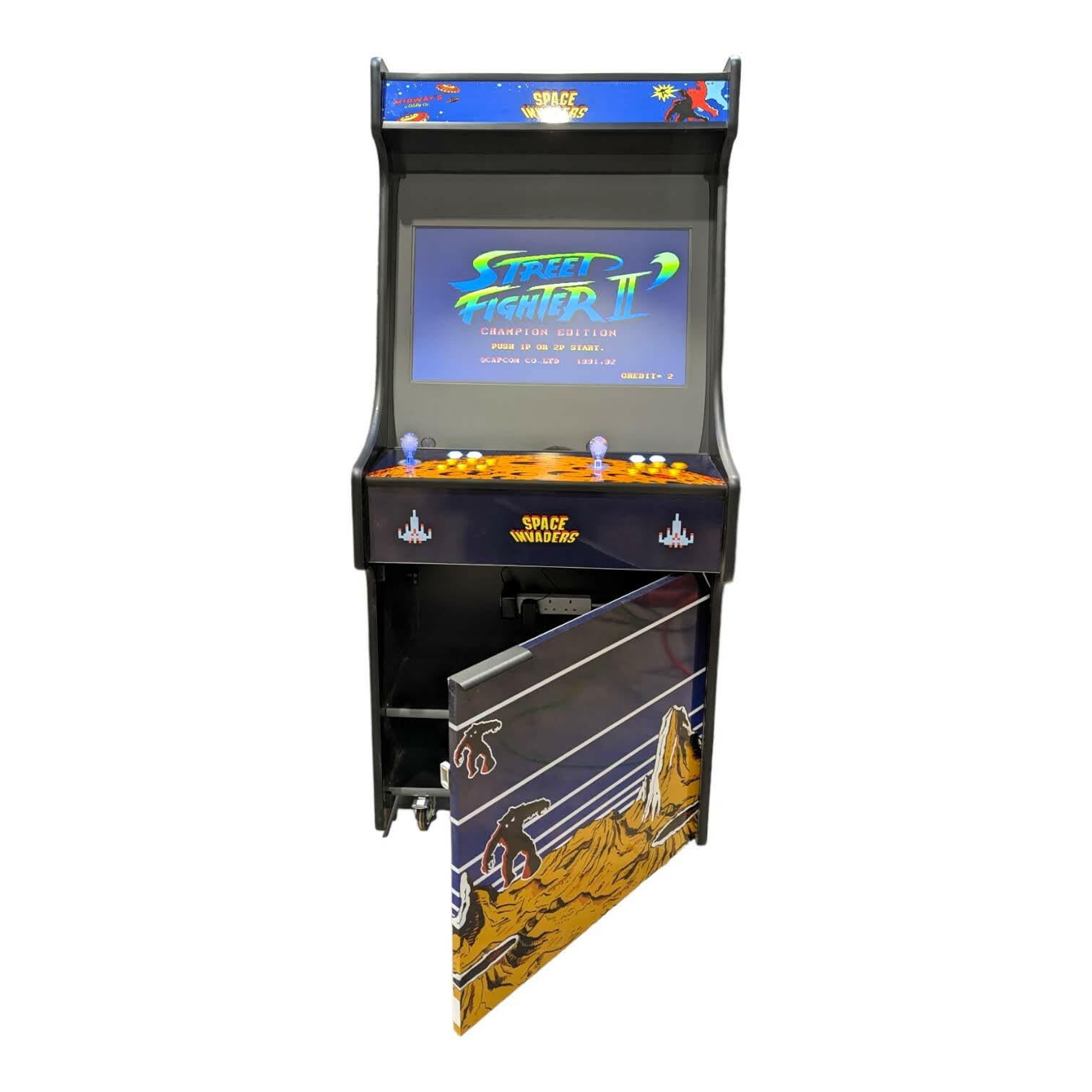 Black deluxe 27 arcade machine with street fighter ii screen colorful space invaders side art and pull-out storage by alpha max