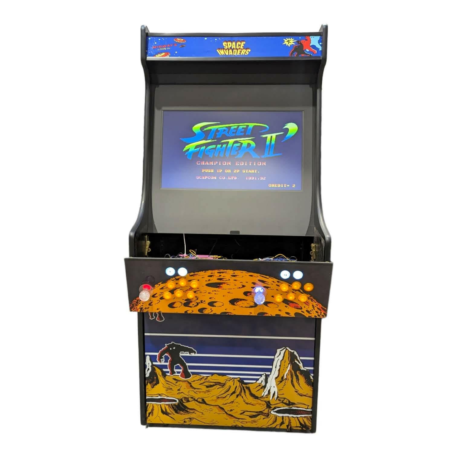 Black deluxe 27 arcade machine alpha max with vibrant street fighter ii screen and desert mountain artwork