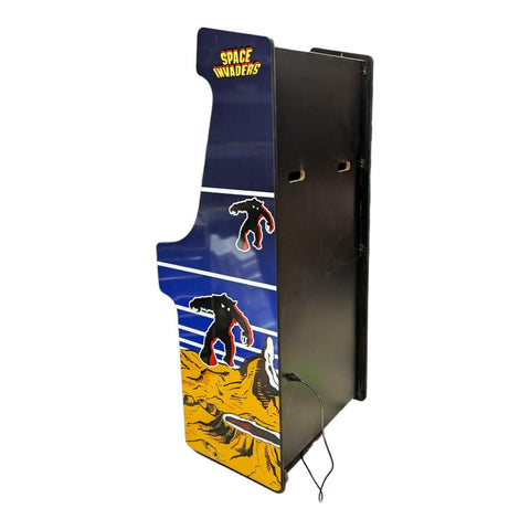 Deluxe 27 arcade machine alpha max in blue and yellow with black space invaders on a striped background for gaming fun