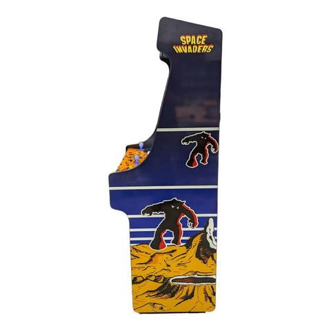 Deluxe 27 arcade machine space invaders theme with blue yellow design and black aliens on a glossy alpha max finish