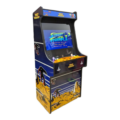 Navy blue and yellow deluxe 27 arcade machine with street fighter ii graphics and retro artwork by alpha max