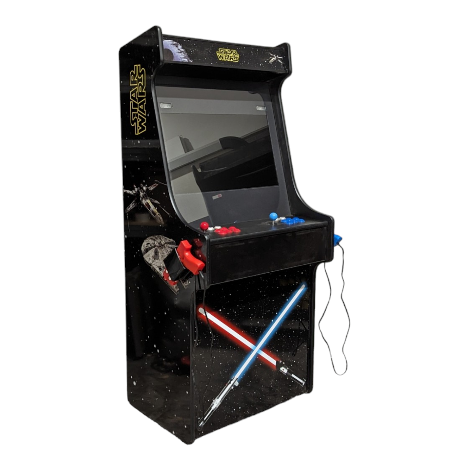 Black star wars arcade machine with red and blue lightsabers crossed base by alpha max deluxe 27 arcade machine