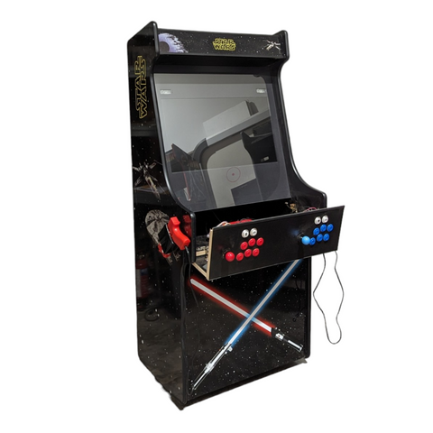 Deluxe 27 arcade machine featuring black star wars design with red and blue crossed lightsabers and dual joysticks by alpha max