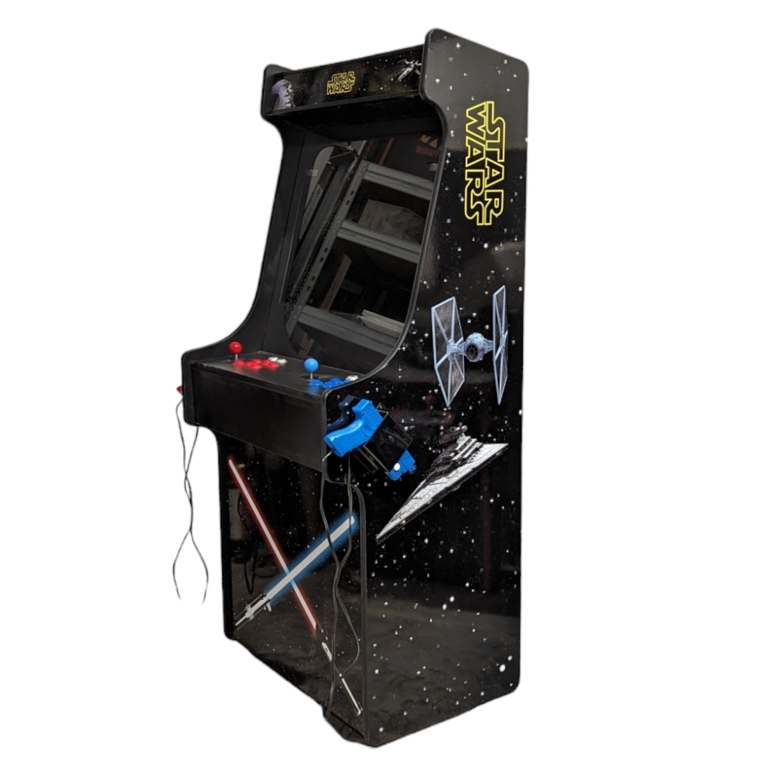 Black deluxe 27 arcade machine star wars theme with illuminated yellow logo starfield tie fighters and lightsabers alpha max