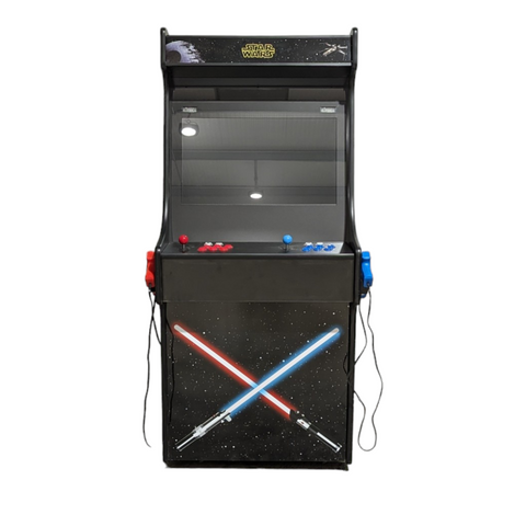 Deluxe 27 arcade machine star wars theme with black cabinet and red and blue lightsaber graphics by alpha max