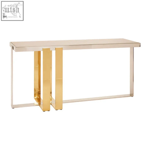 Gold-finished demas console table with sleek minimalist design and three vertical support columns for modern spaces