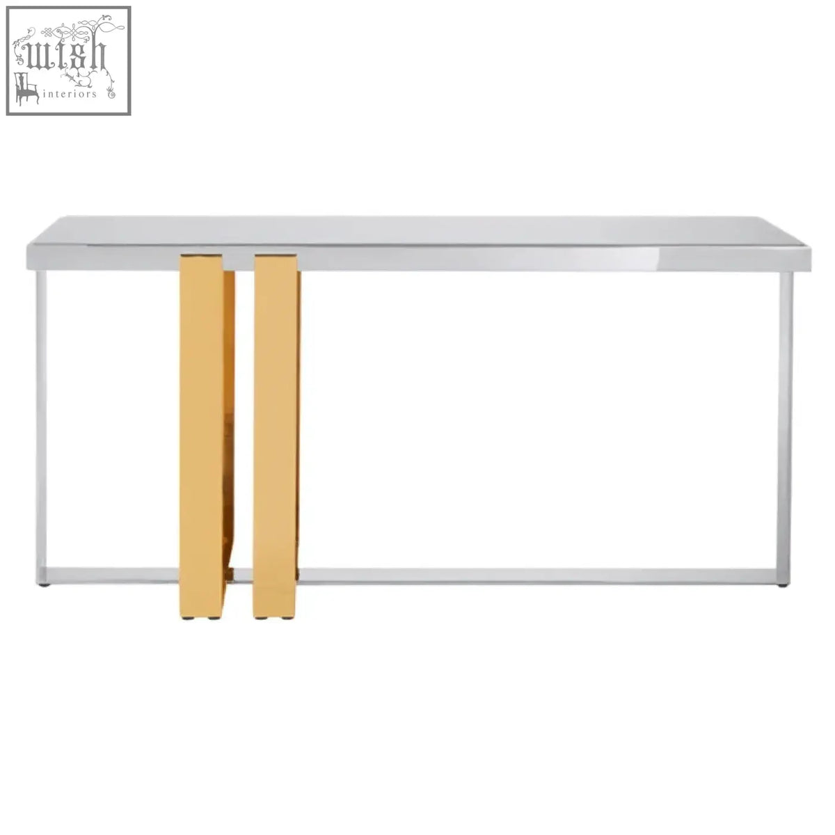 Modern demas console table with sleek silver metallic frame and gold toned vertical accent panels for stylish storage
