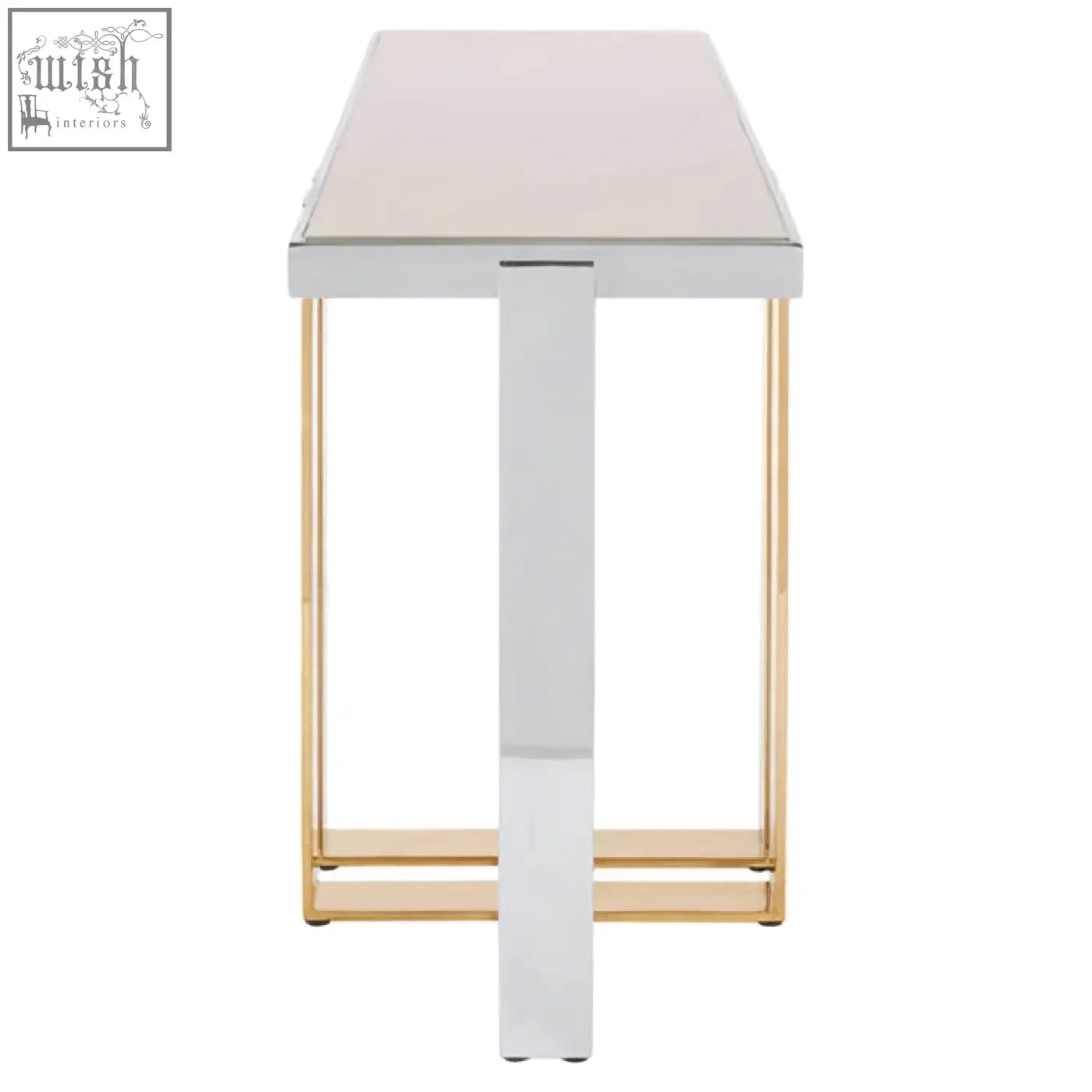 Modern demas console table with a sleek white top and gold toned metal legs perfect for stylish entryways
