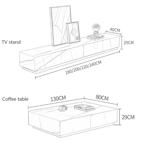 Modern minimalist tv stand with sleek glossy white finish and clean lines paired with demelza coffee table gold base sintered stone
