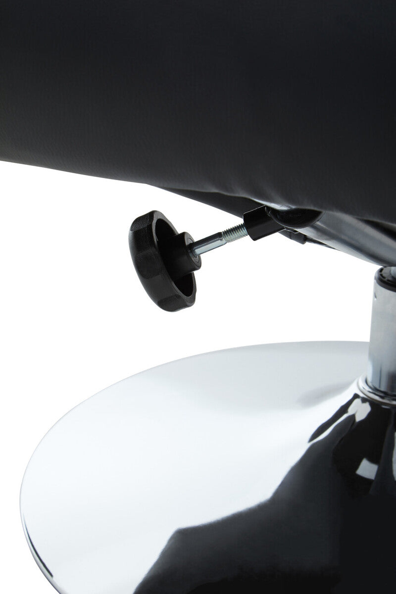 Black leather effect reclining chair with chrome base and height adjustment knob for ergonomic comfort