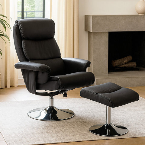 Denton black leather effect reclining chair with chrome pedestal base and matching footstool ottoman for comfort