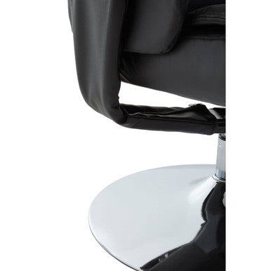 Denton black leather effect reclining chair with footstool featuring a black leather effect barber chair with chrome base